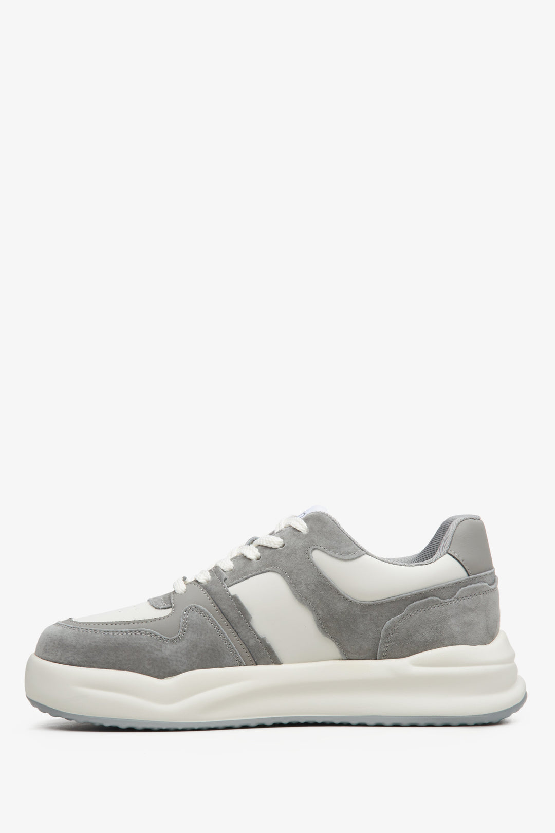 Women's grey and white sneakers made of leather and velour.
