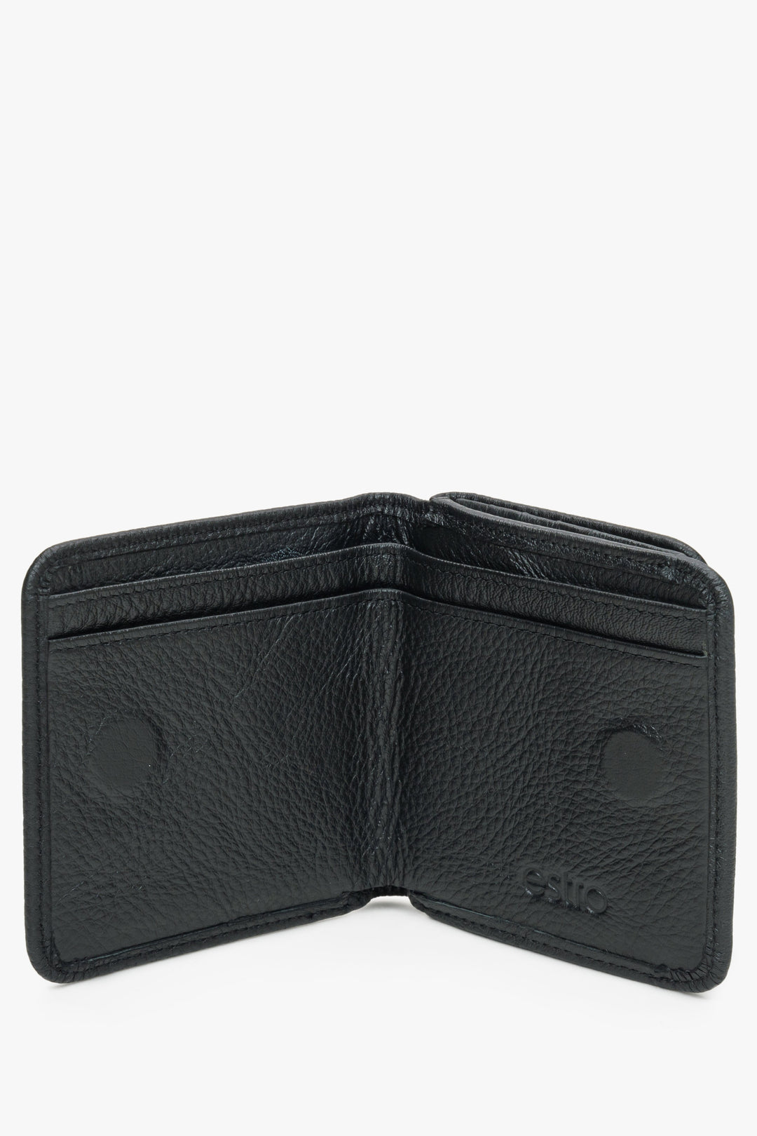 Black leather Estro billfold wallet - interior model presentation.