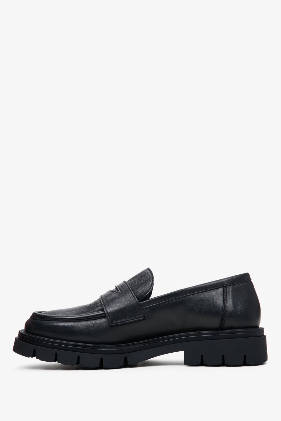 Women's black loafers with a stable Italian made sole - shoe profile.