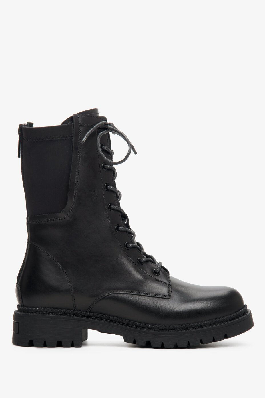 Women's black leather lace-up ankle boots by Estro - shoe profile.