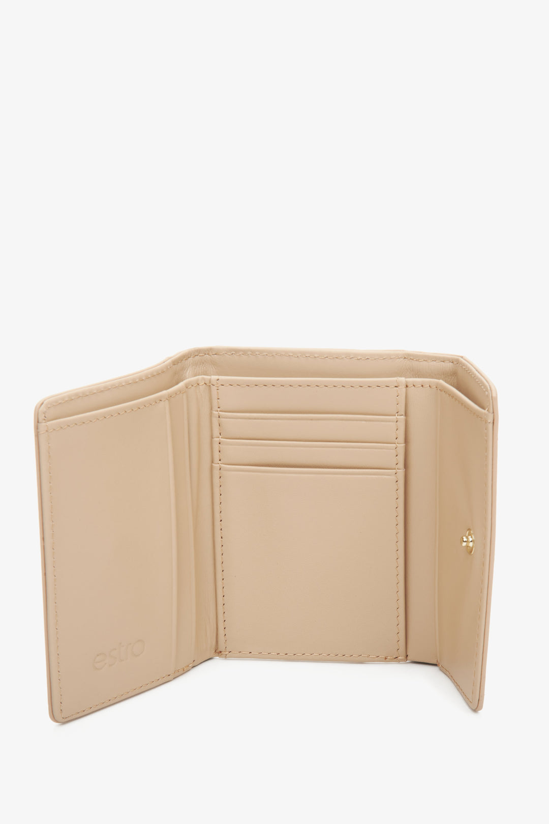 Women's tri-fold wallet made of genuine leather in beige colour - interior view of the model.