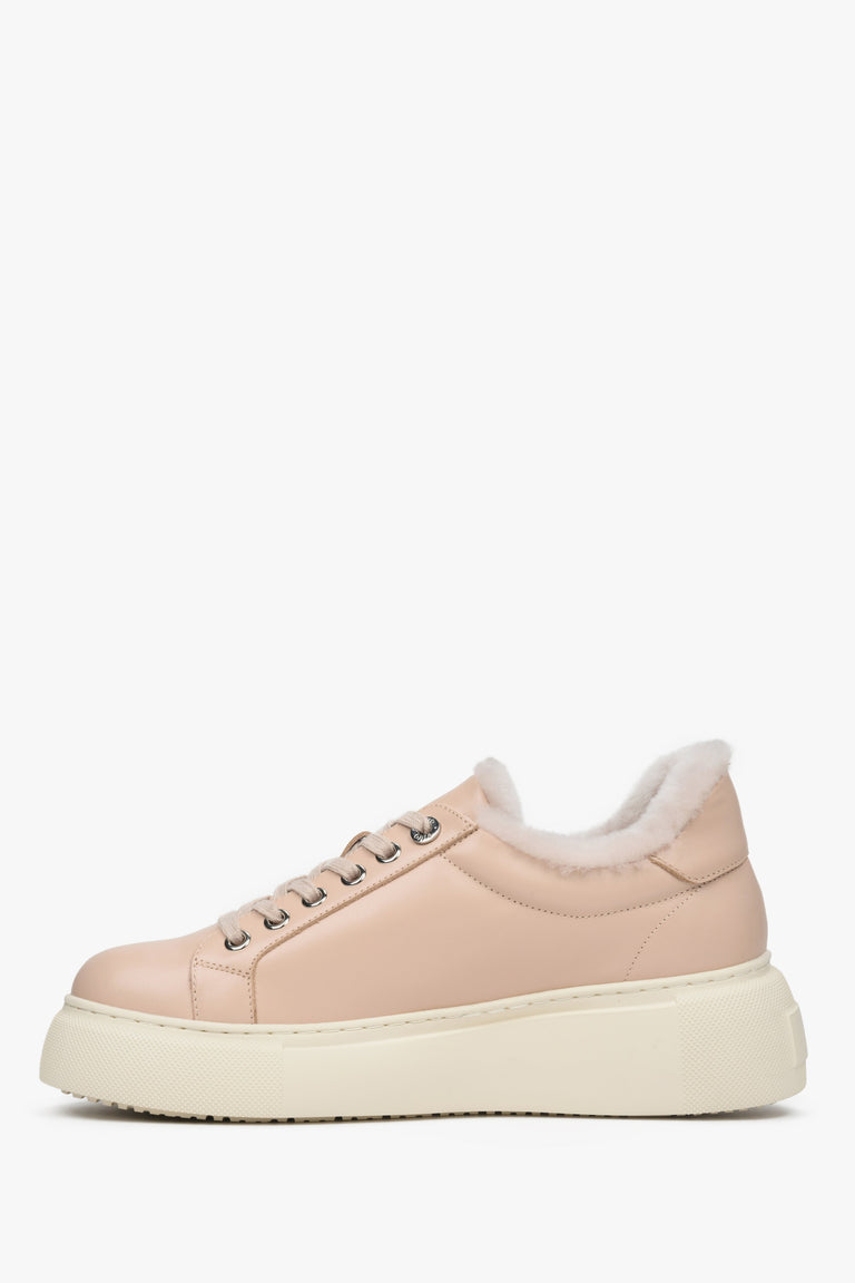 Beige, leather winter sneakers with insulation for women by Estro - shoe profile.