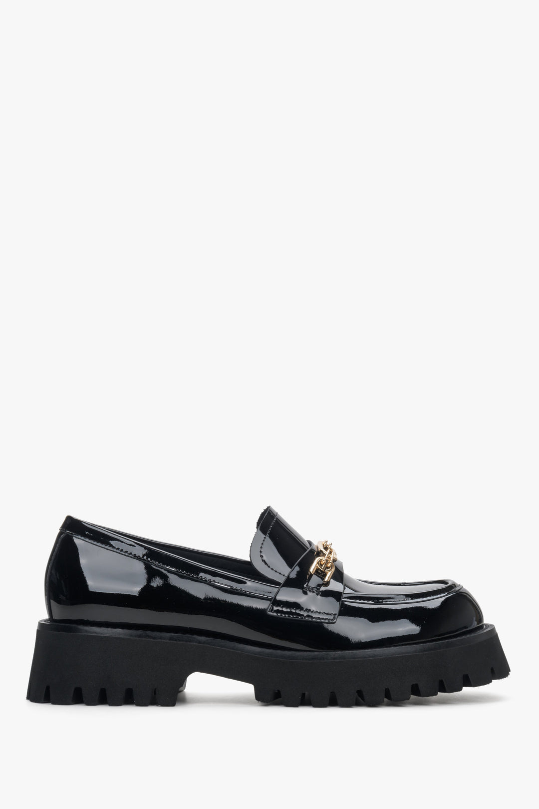 Women's Black Moccasins with Gold Buckle made of Patent Leather Estro ER00114175.
