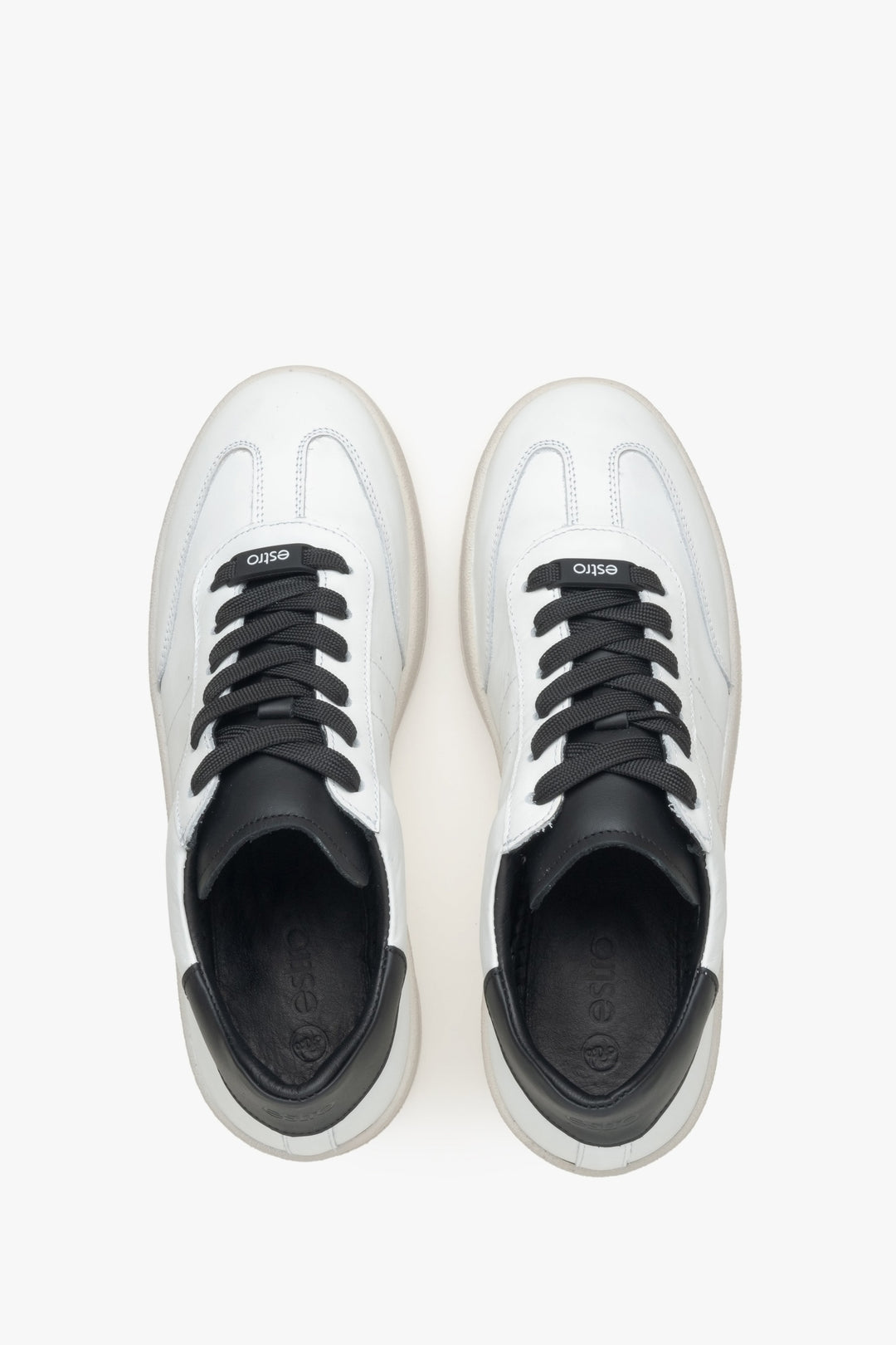 Black and white women's leather sneakers Estro - top view.