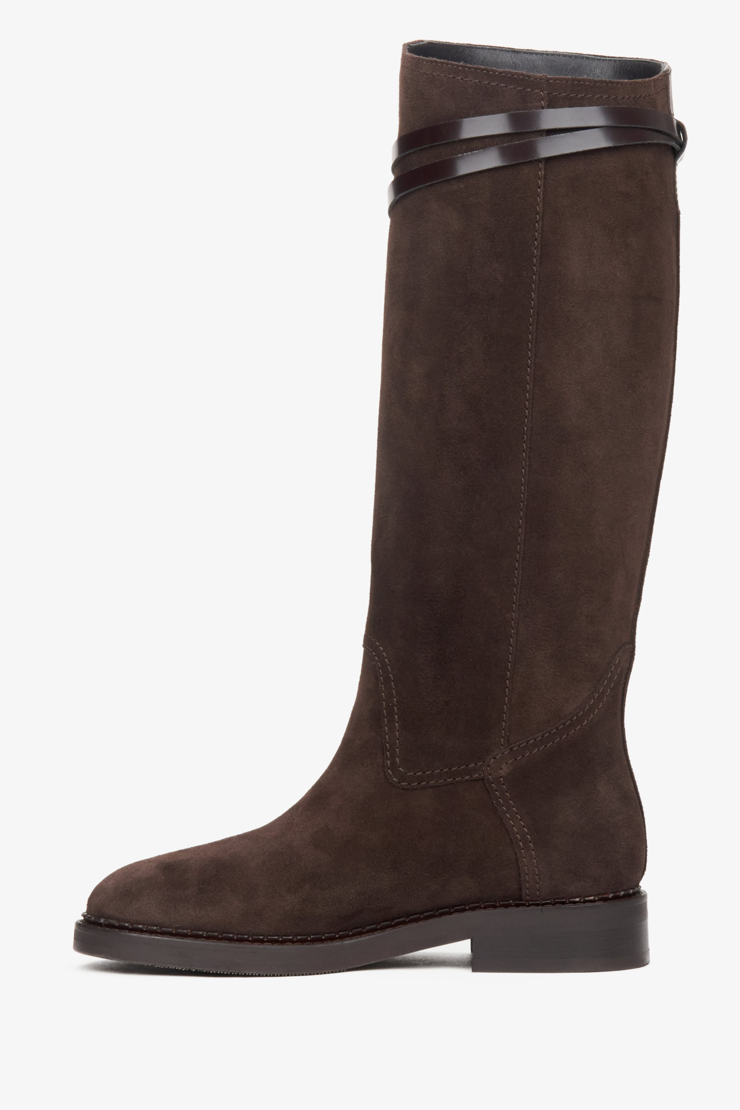 Dark brown velour women's boots by Estro - side profile of the shoe.