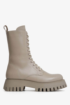 High, beige leather women's lace-up boots by Estro - shoe profile.