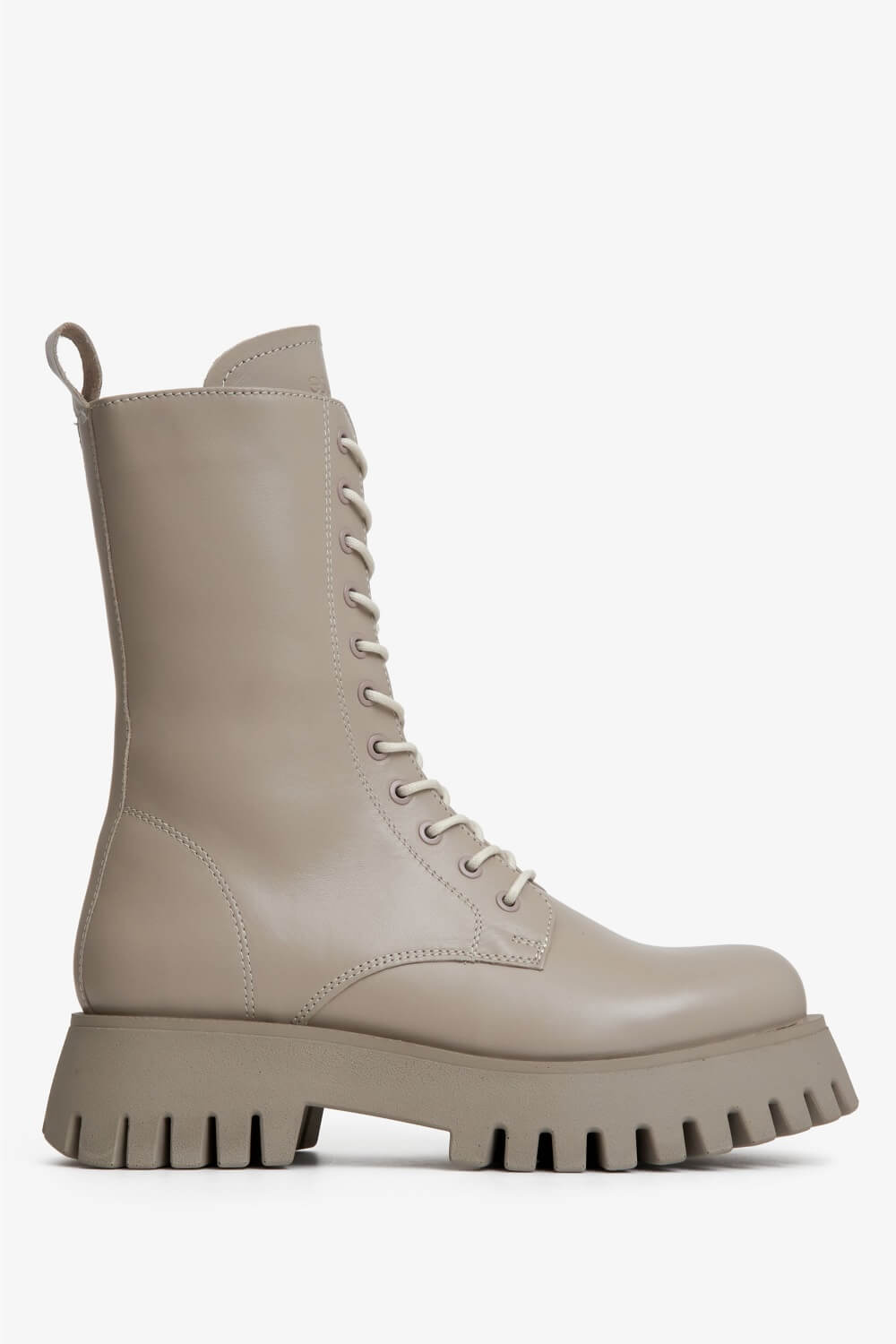 High, beige leather women's lace-up boots by Estro - shoe profile.