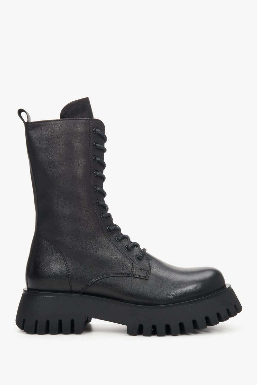 High, black leather women's lace-up boots by Estro - shoe profile.