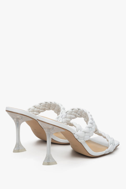 Estro heeled mules in white leather Estro - a close-up on a funnel heel.