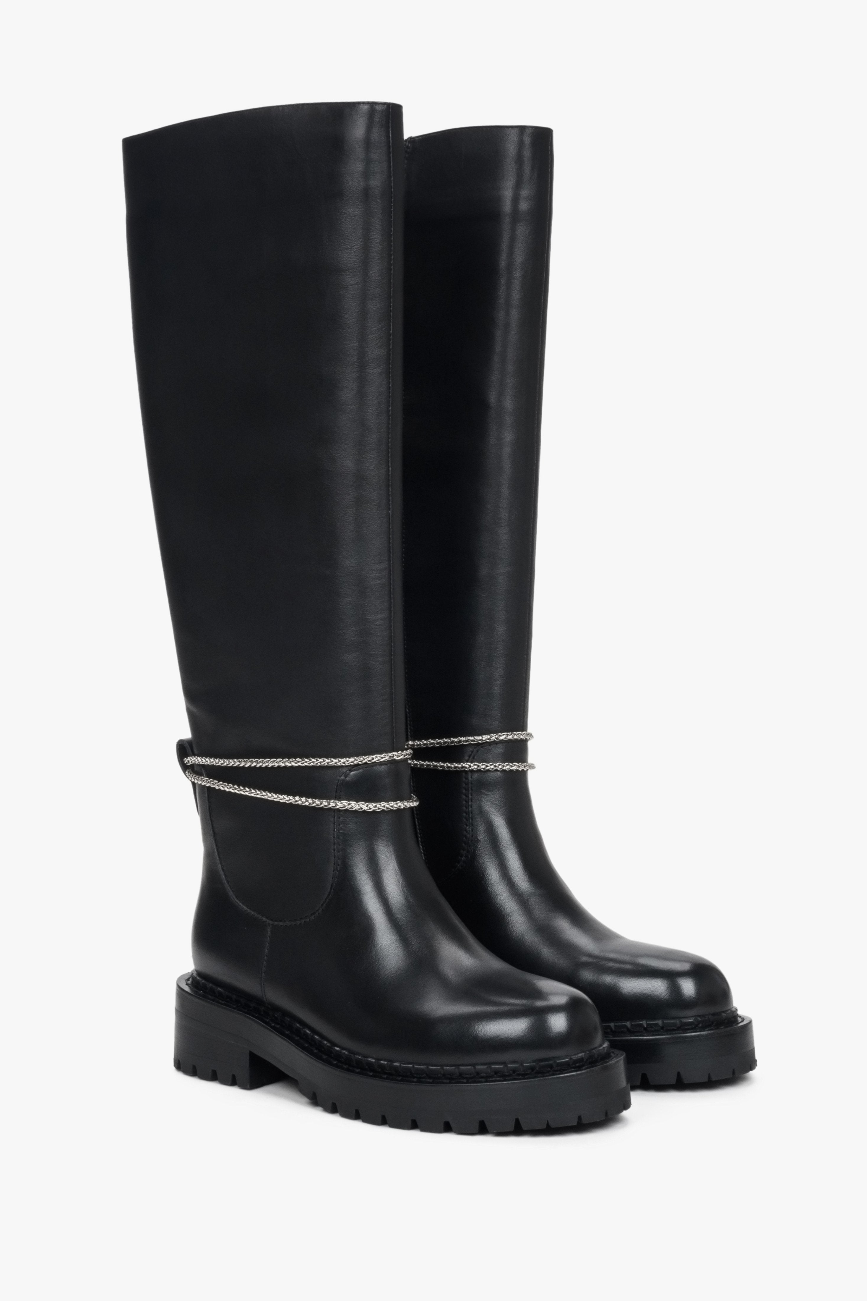 Women's black leather boots with a wide shaft by Estro - winter model.