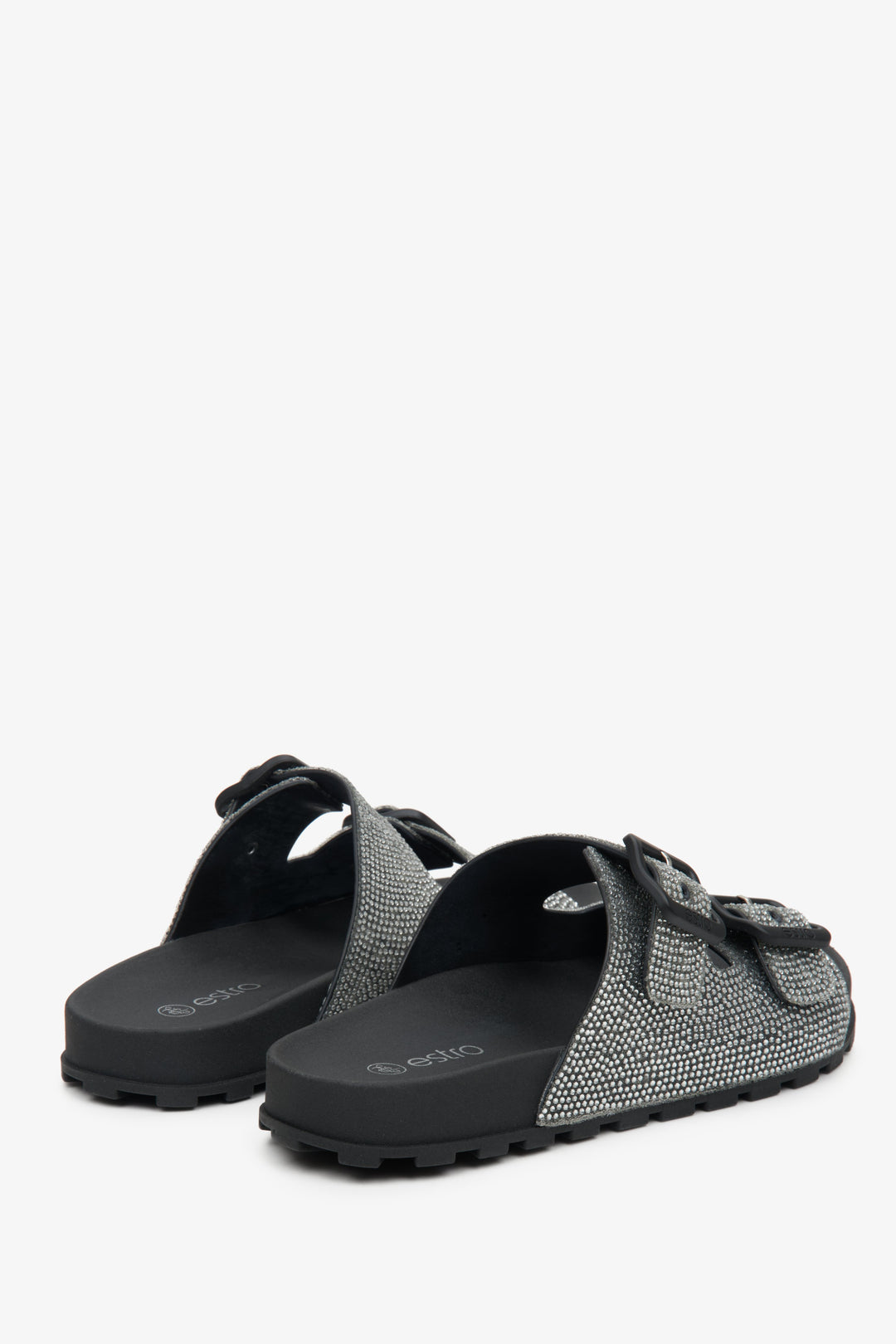 Estro women's black sandals with crystals - close-up of the rear sole.