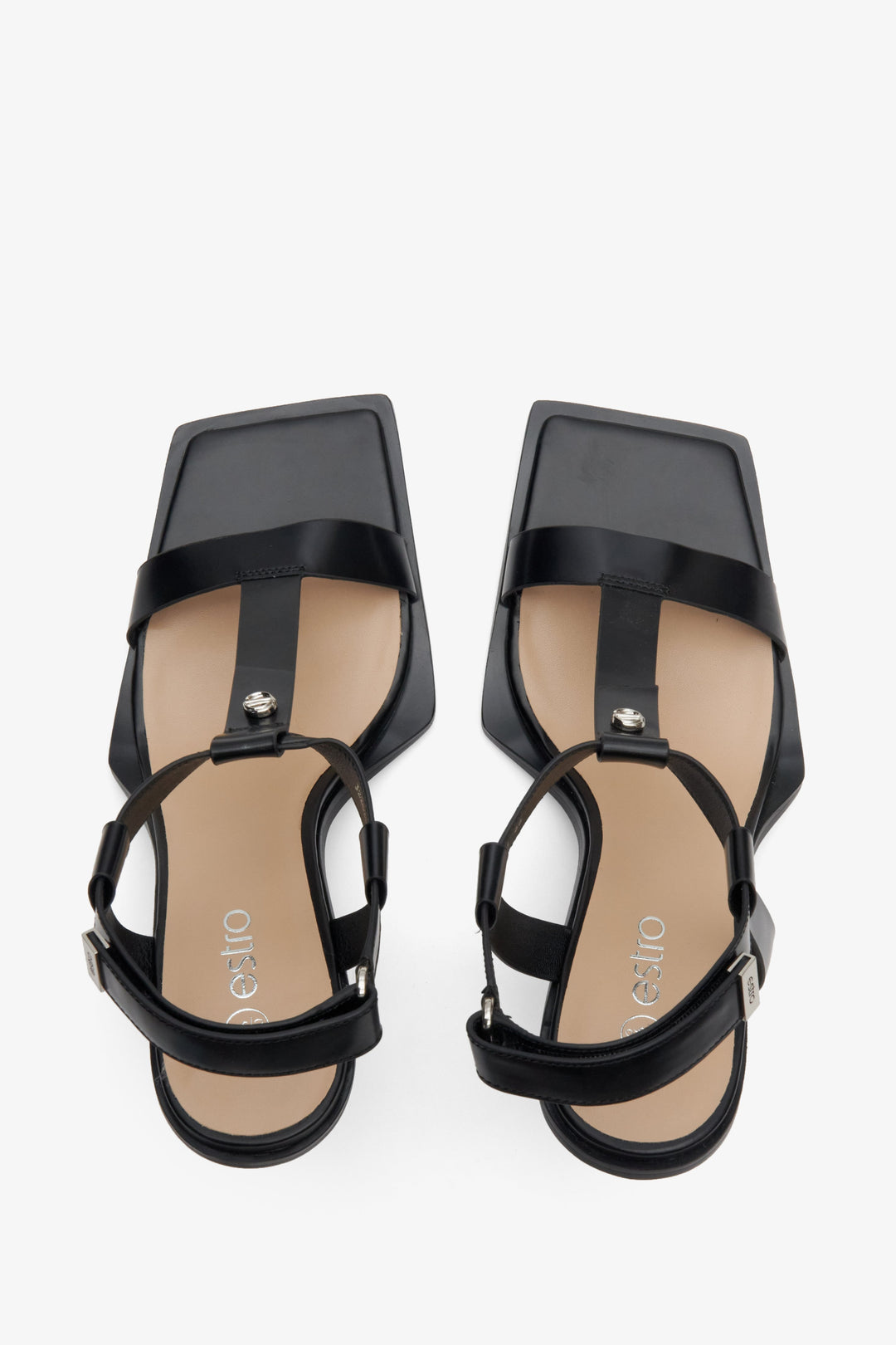 Stylish black t-bar strappy sandals, Estro brand - presentation from above.