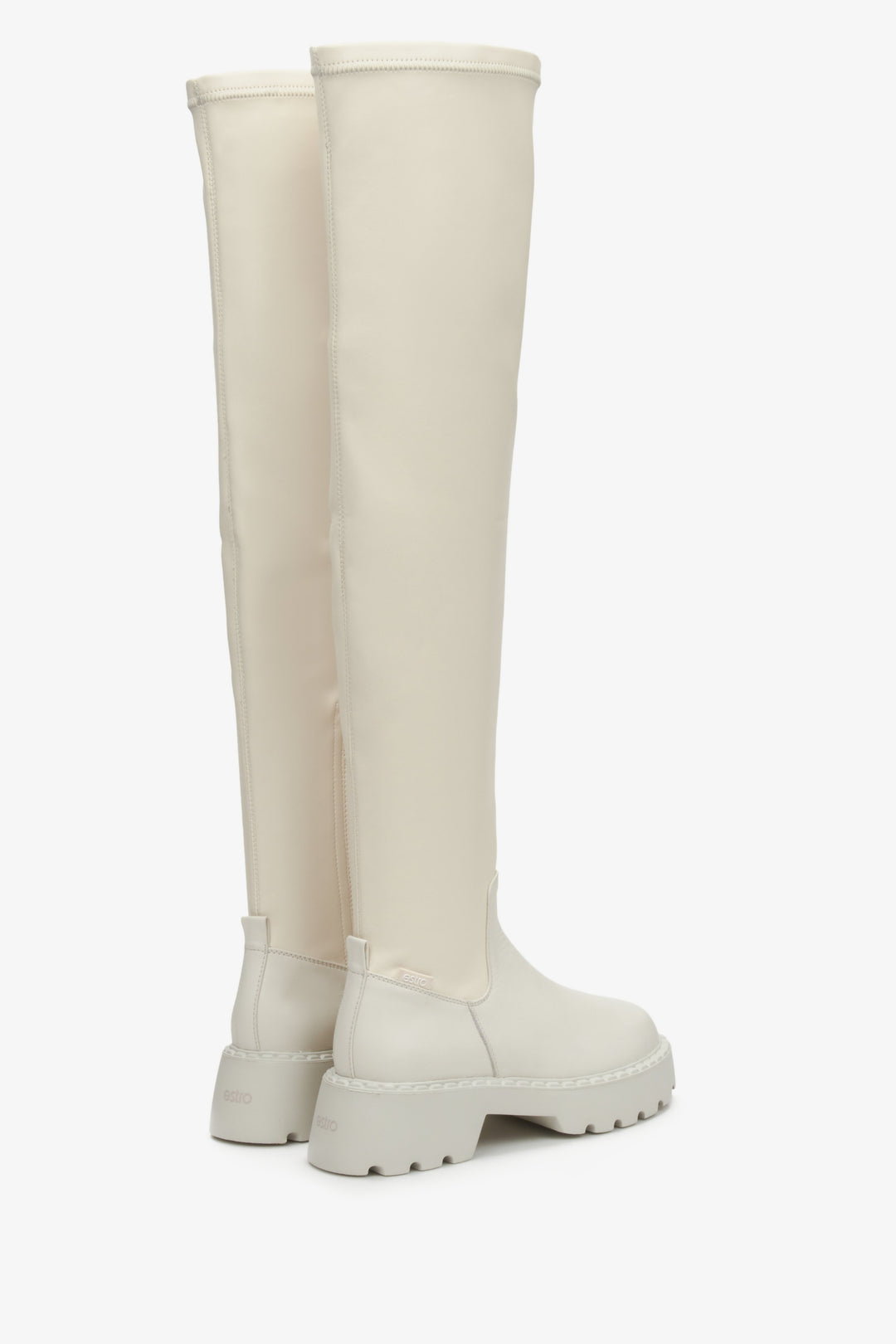 Women's  light beige knee high  Estro boots - close-up of the side and back of the shoes.