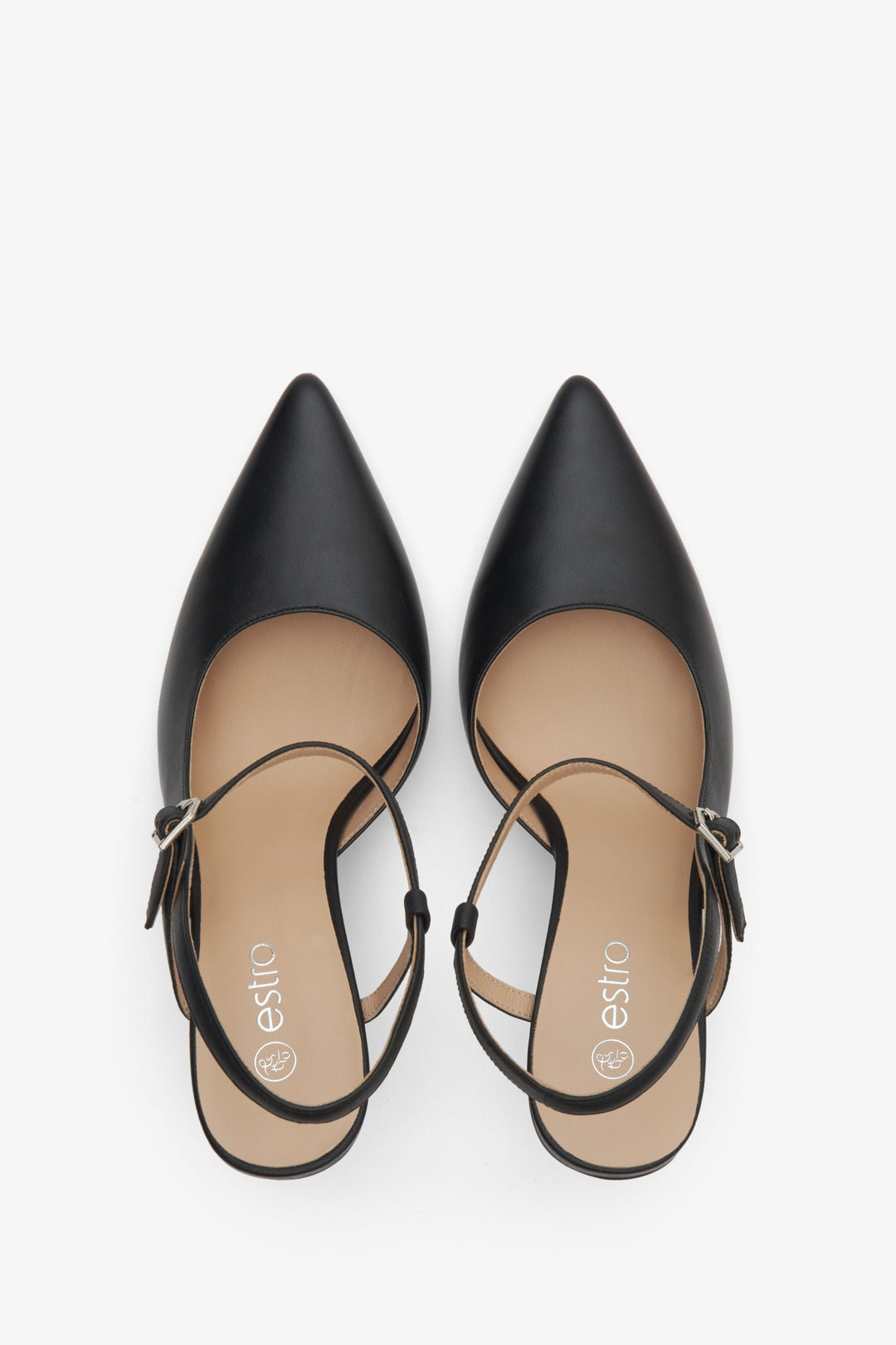 Women's black leather slingback shoes with a pointed toe on a high heel - presentation form above.