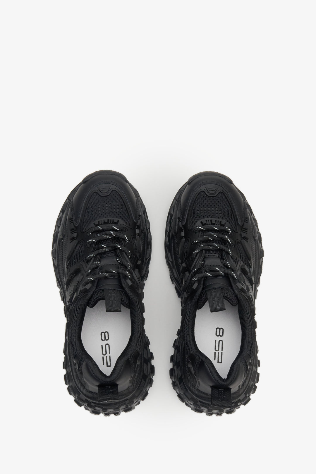 Women's black lace-up sneakers made of genuine leather - top view shoe presentation.