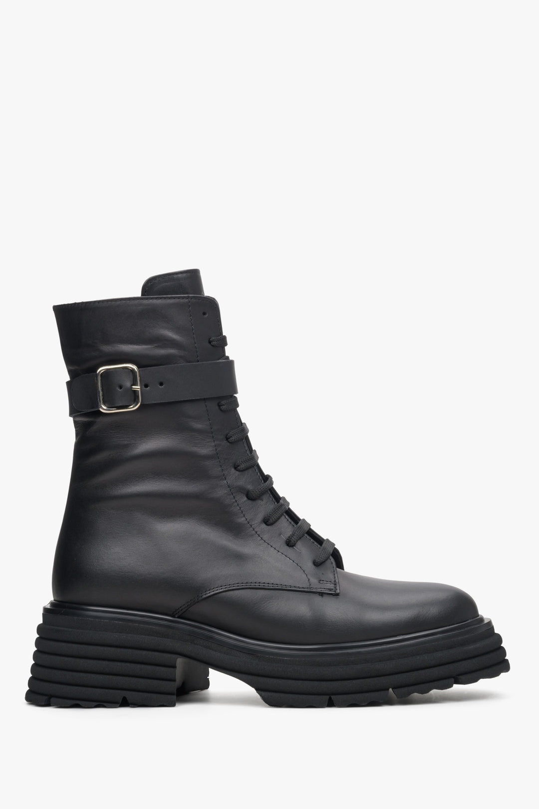 Women's Black Leather Ankle Boots with Decorative Strap Estro ER00113840.