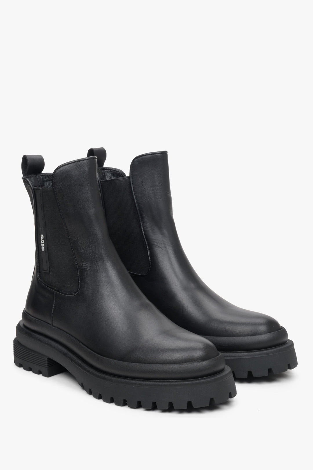 Women's black leather ankle boots by Estro - close-up on the toe cap.