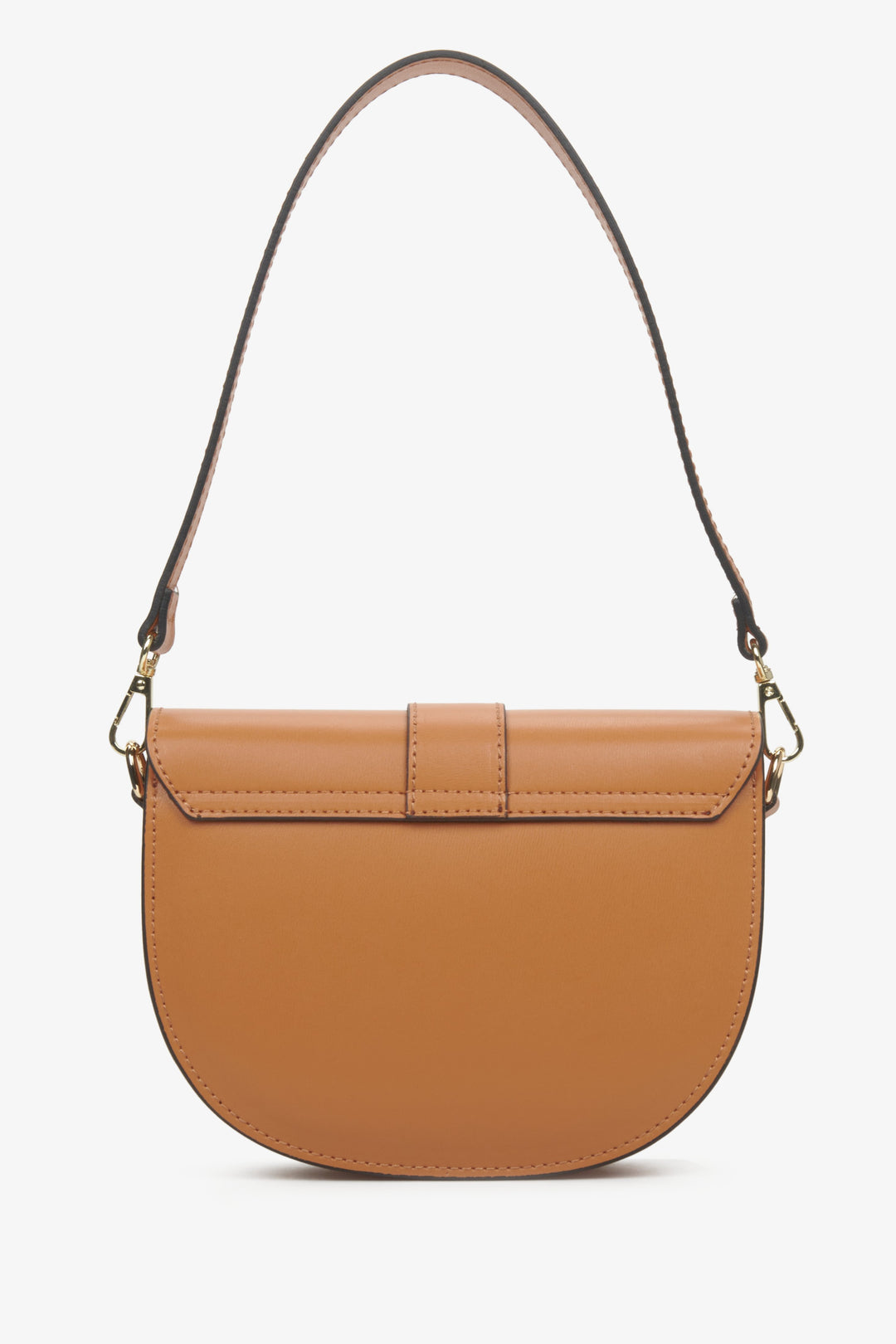 Women's brown shoulder bag made from genuine leather in the shape of a horseshoe.