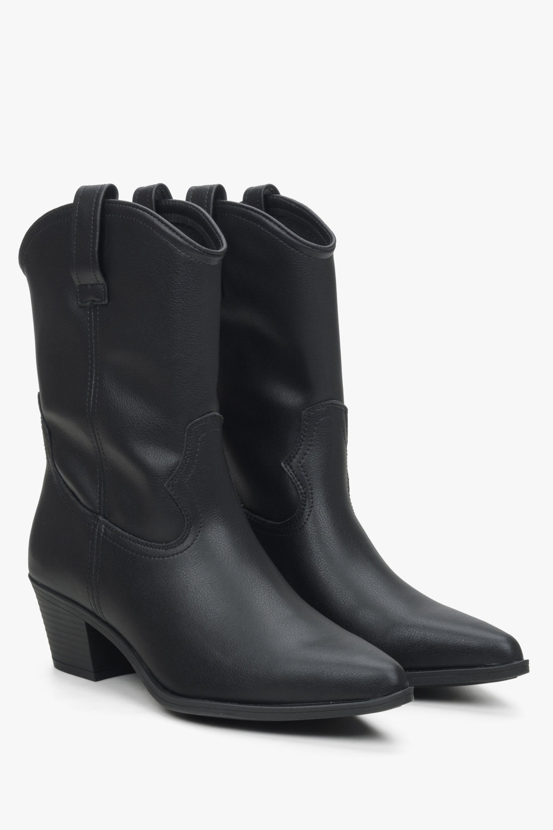 Women's black low-cut cowboy boots made of genuine leather by Estro.