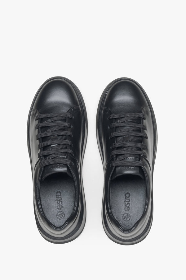 Black leather women's sneakers - top view presentation.