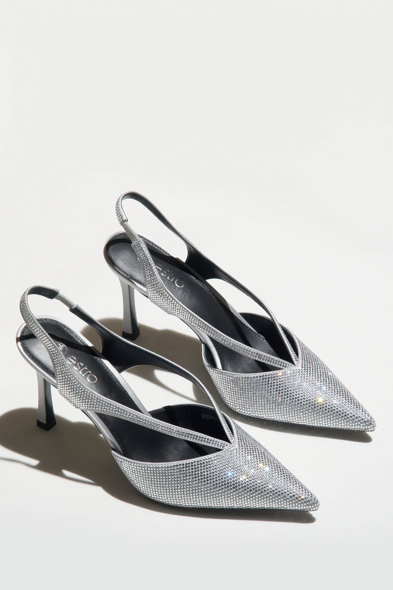 Glamorous women's slide sandals in silver with embellishment.