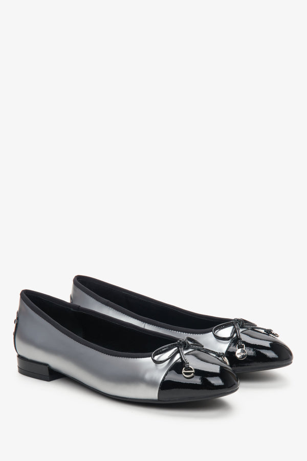 Women's silver & black leather ballet flats with metallic sheen by Estro.