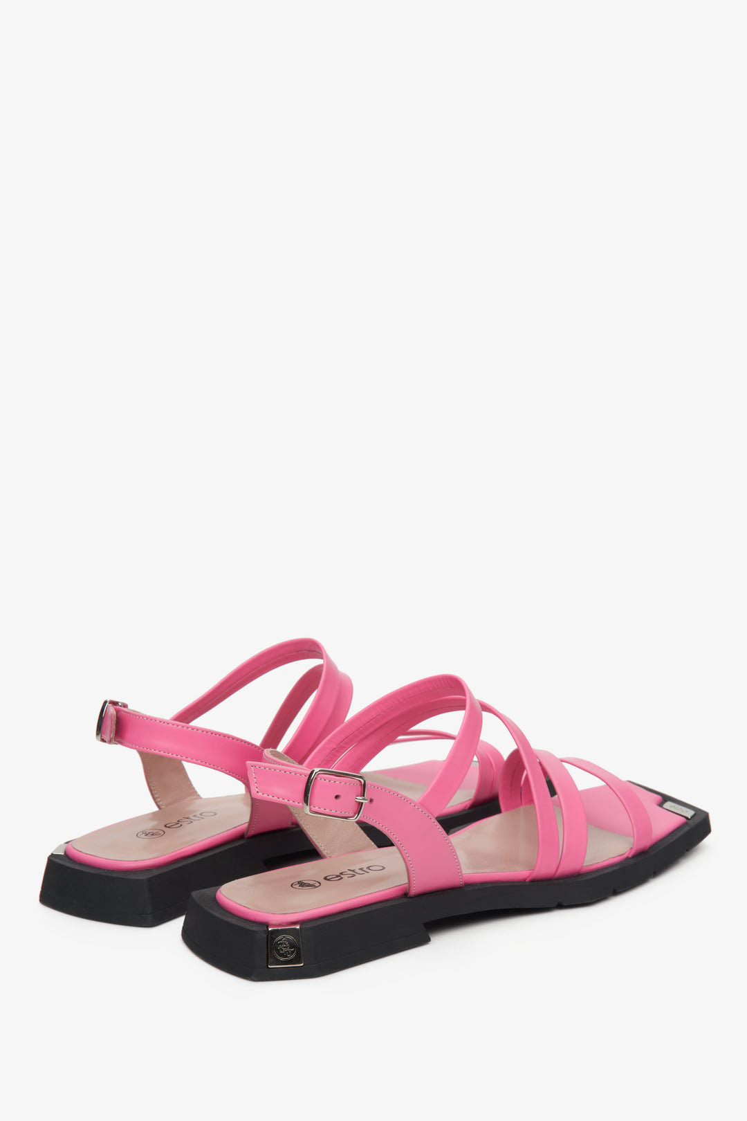 Leather, women's pink sandals by Estro with thin straps - presentation of the back part of the shoes.