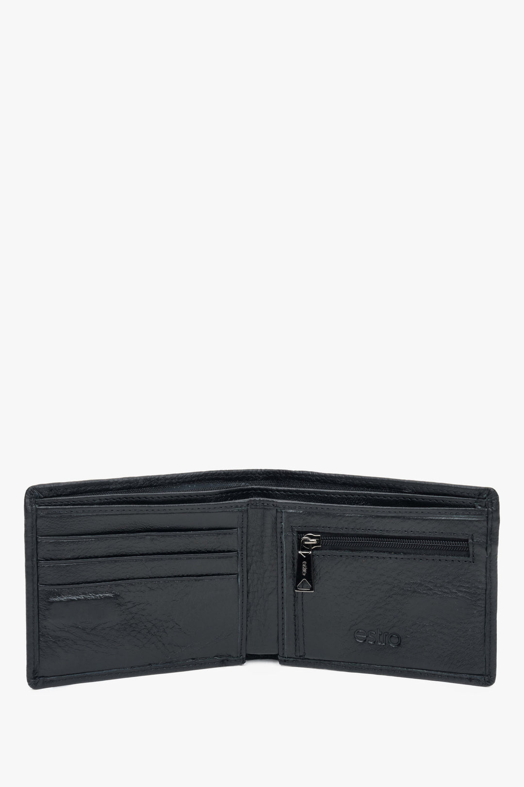 Black men's wallet Estro made of genuine leather, adorned with a subtle brand logo - interior view of the product.