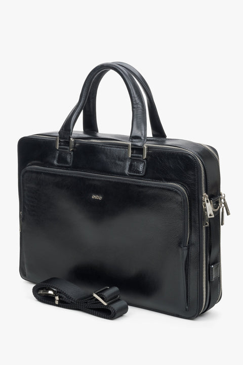 Men's spacious black leather briefcase by Estro.