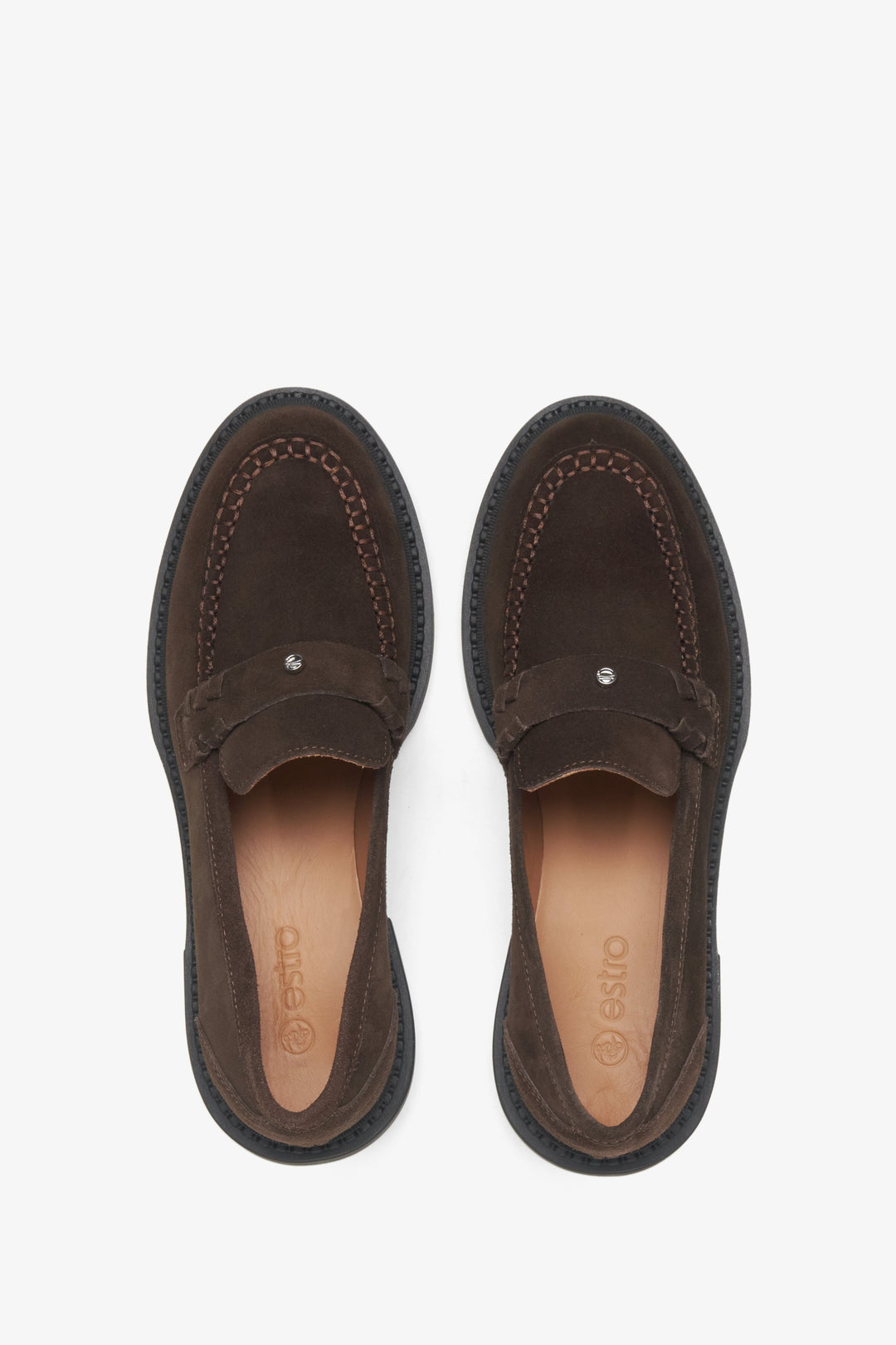 Women's brown velour Penny moccasins - top view of the footwear.