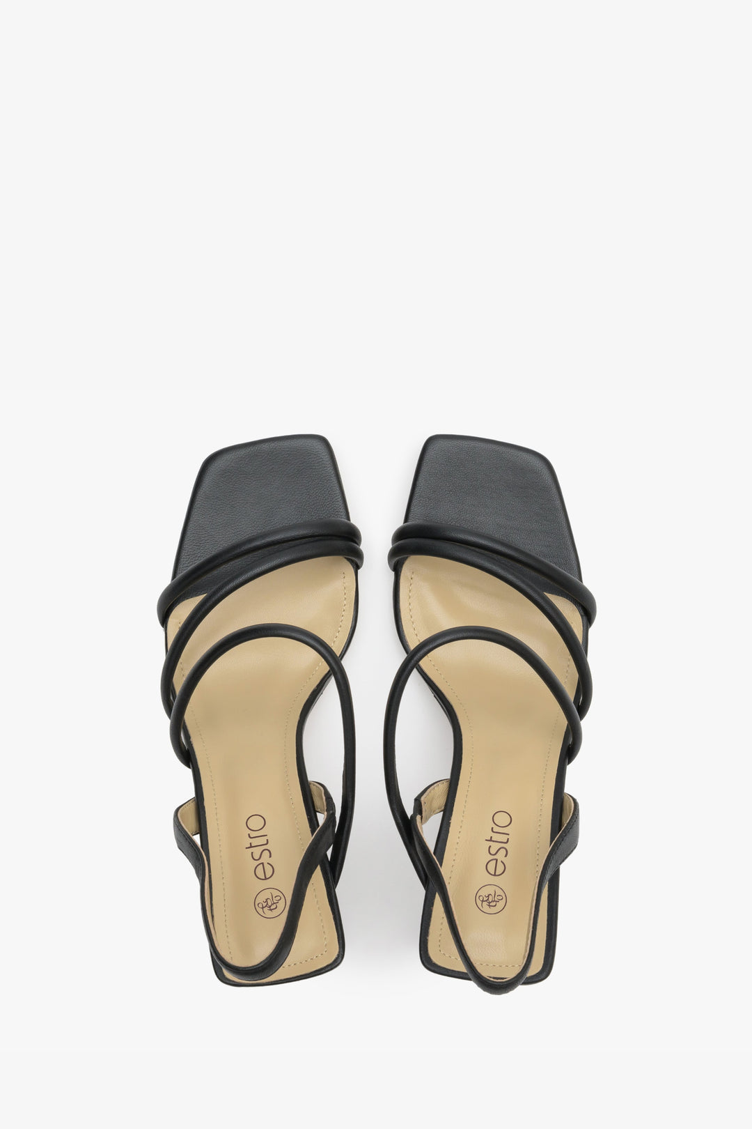 Women's black strappy sandals made of natural leather, Estro brand - presentation of the footwear from above.