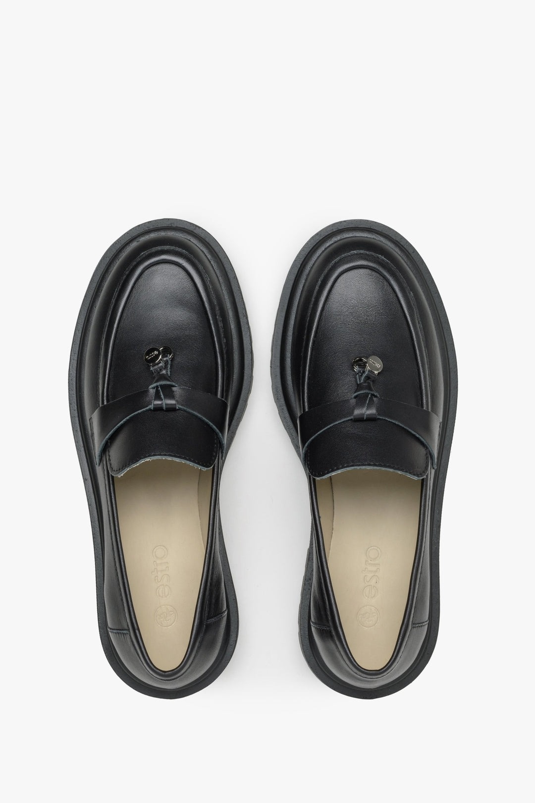 Women's slip-on loafers made of black Italian genuine leather - top view presentation of the model.
