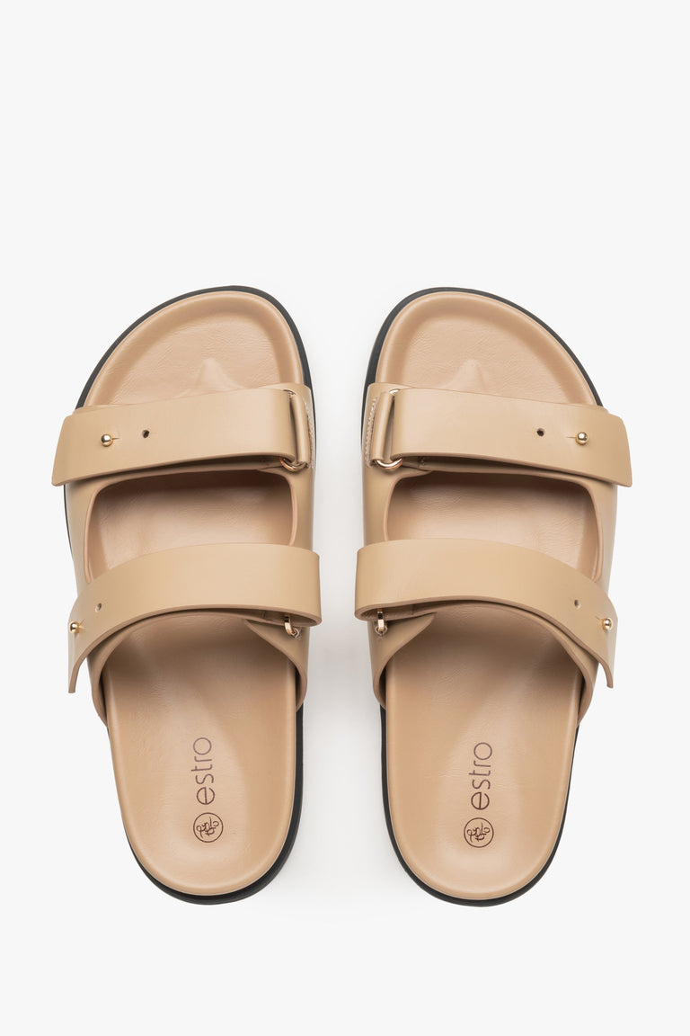 Women's beige leather slides by Estro - top view presentation.