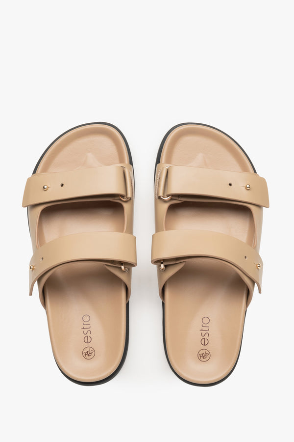 Women's beige leather slides by Estro - top view presentation.