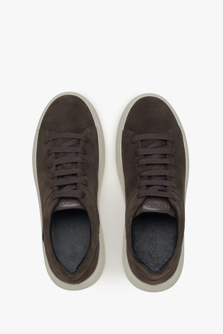 Velour women's sneakers in dark brown - top view presentation.