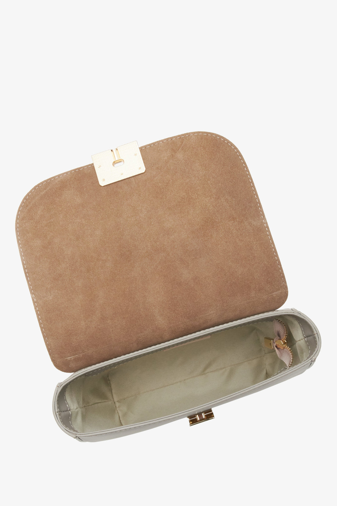Estro grey crescent-shaped handbag made of Italian genuine leather - close-up on the interior of the model.