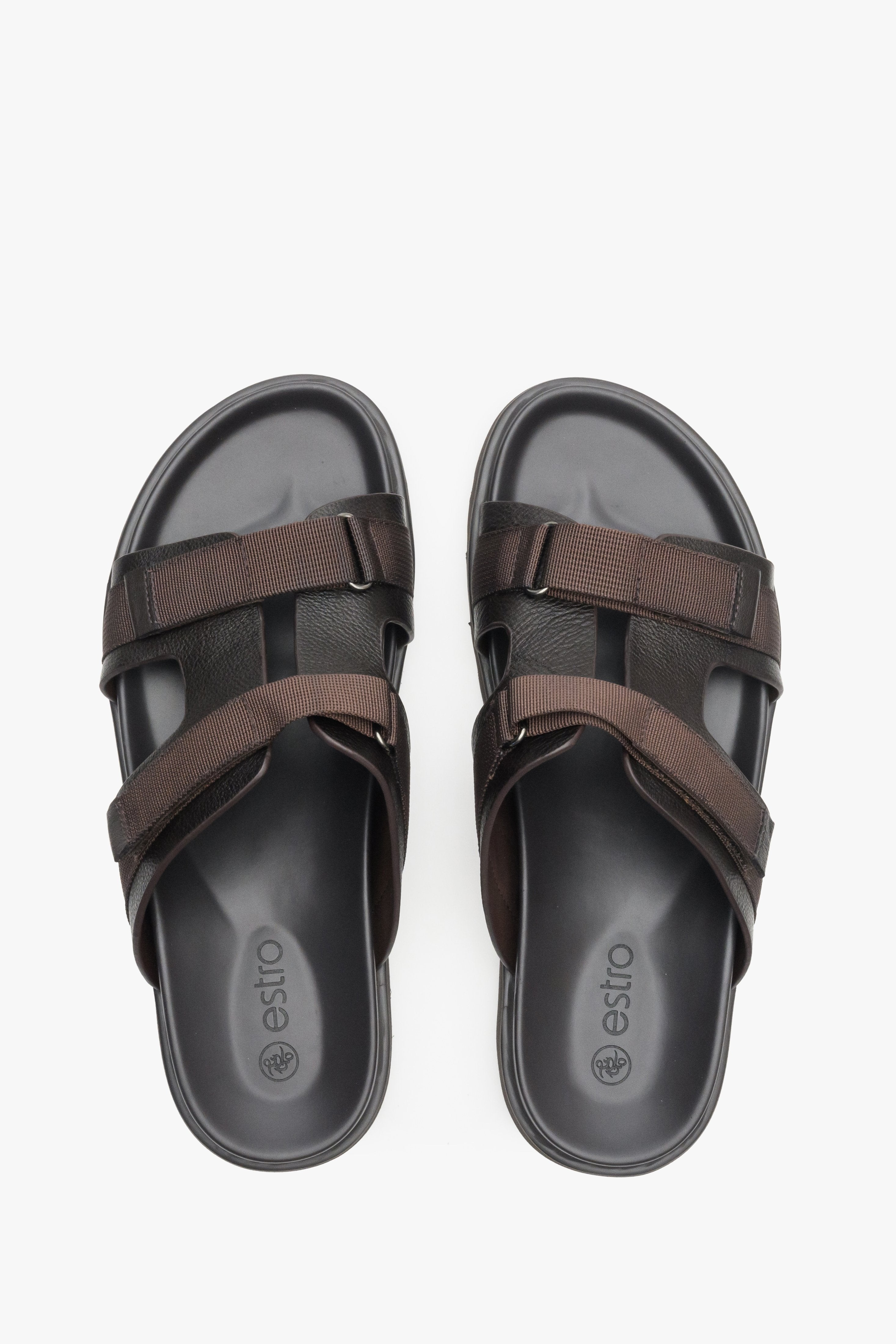 Men's dark brown leather sandals by Estro - top view model presentation.