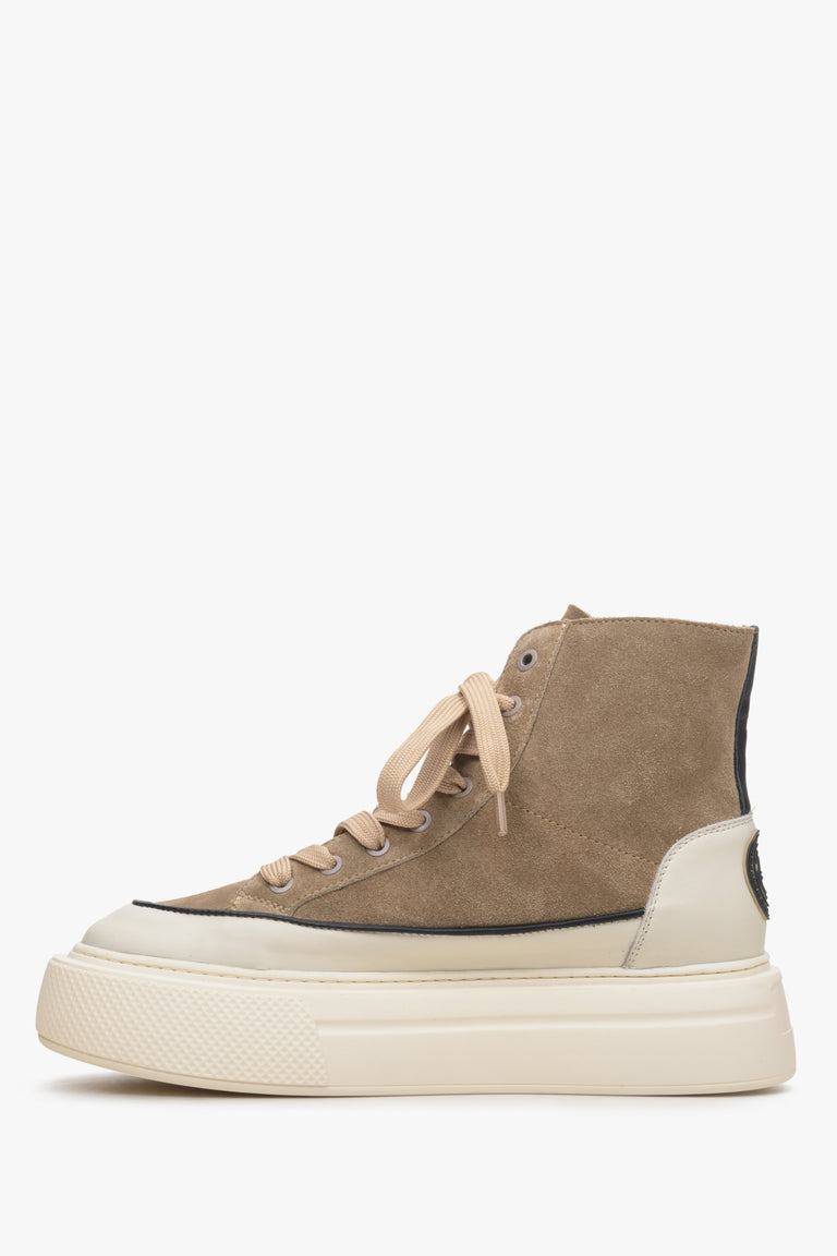 Women's brown-beige high-top sneakers, leather and velour - shoe profile.