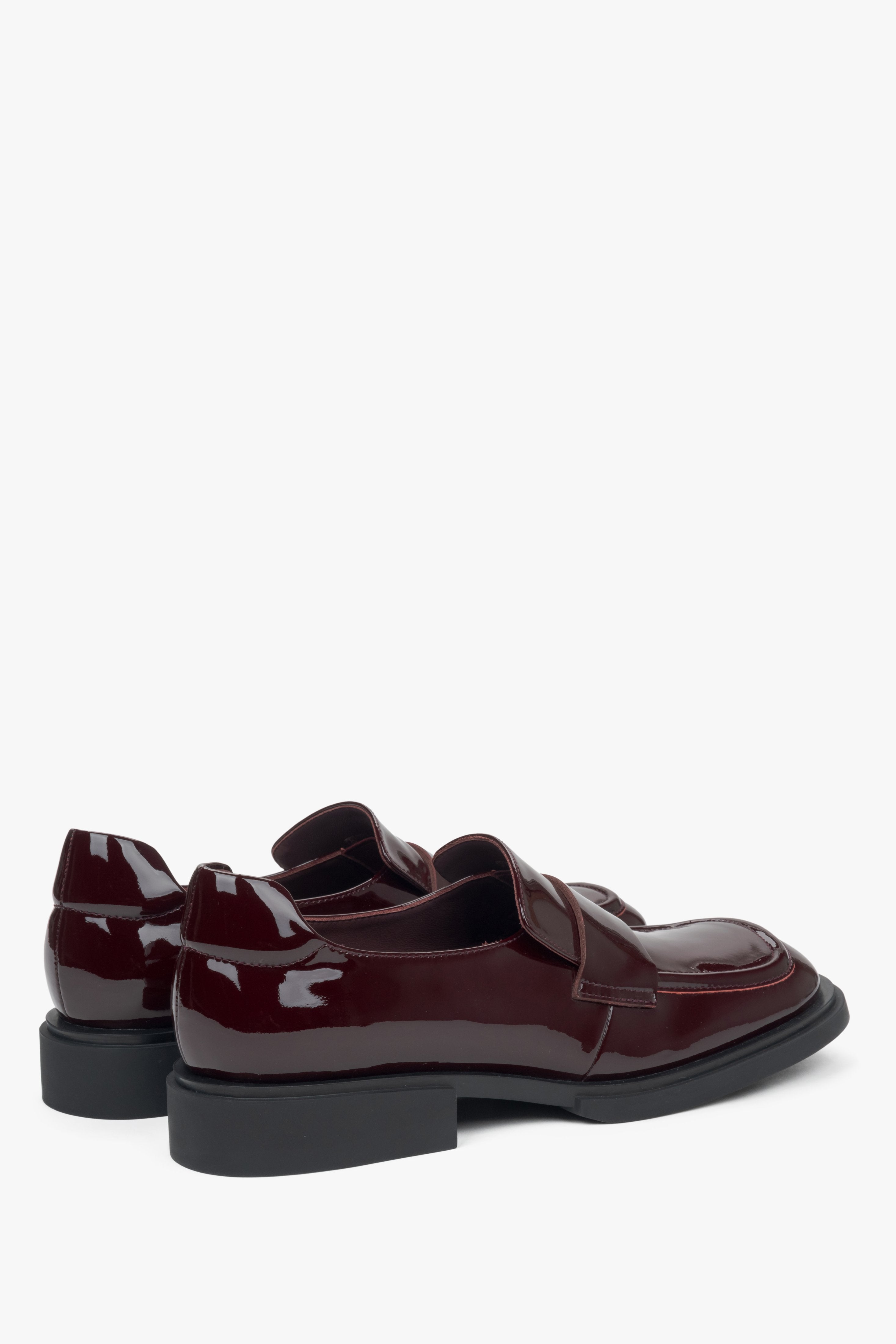 Women's burgundy, patent leather moccasins with a square toe - side view and heel.