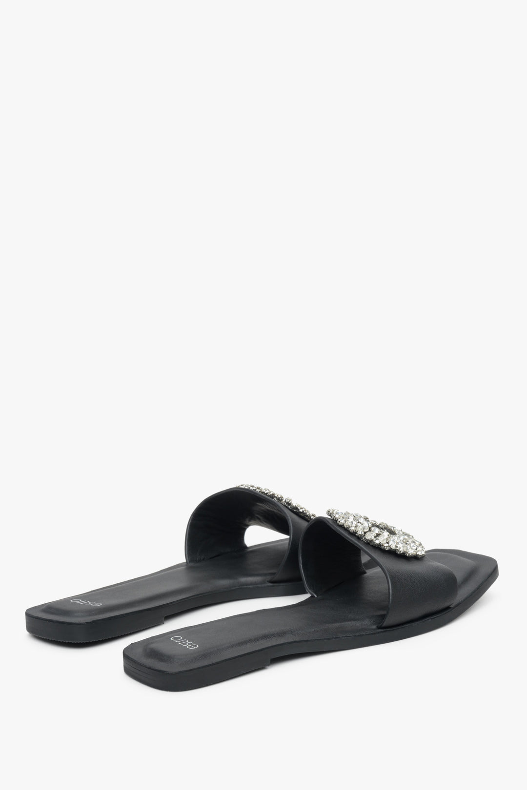 Women's black flat slide sandals with zirconias Estro.