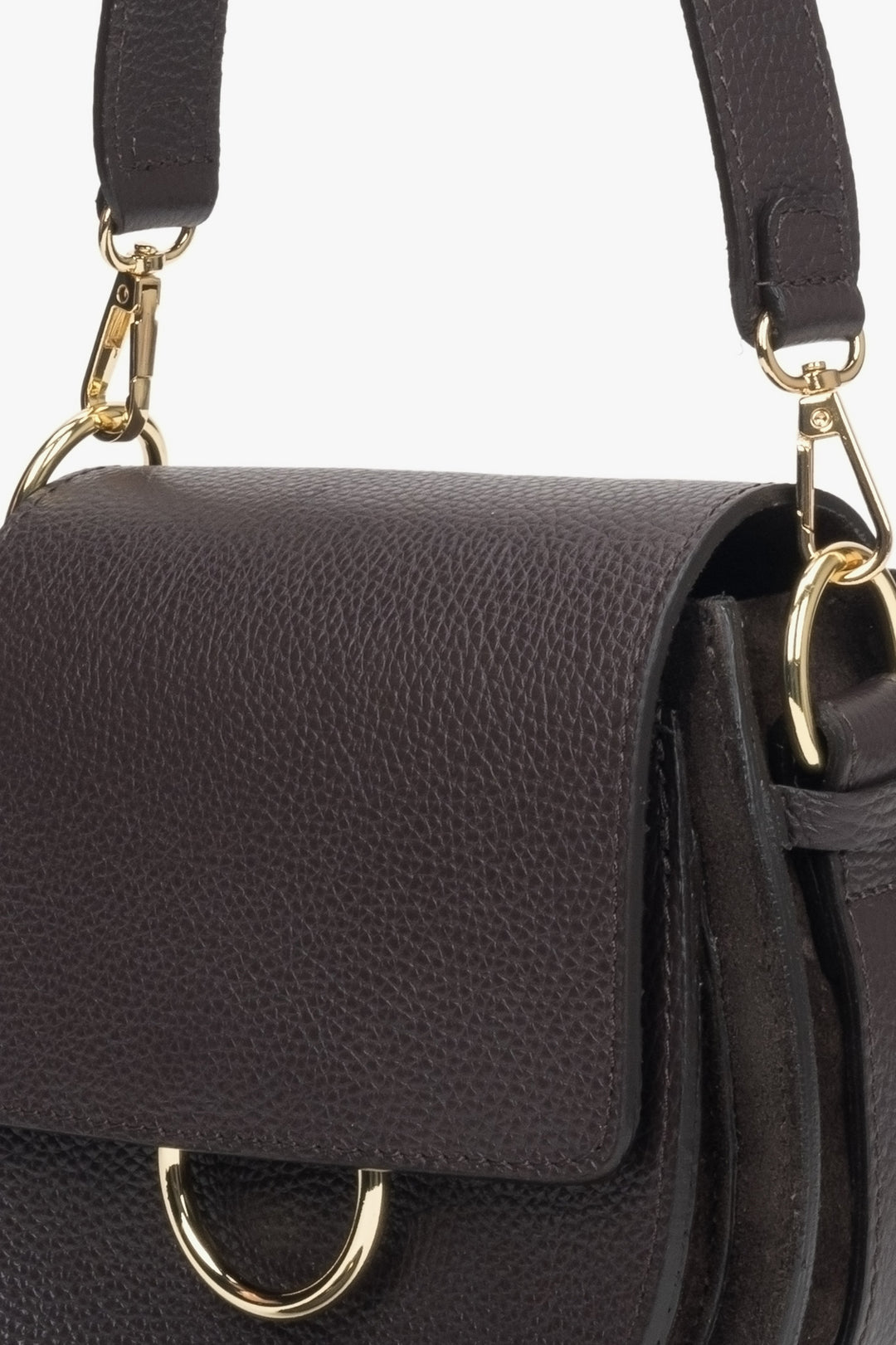 A dark brown leather women's handbag by Estro in the shape of a horseshoe - close-up of the detail.