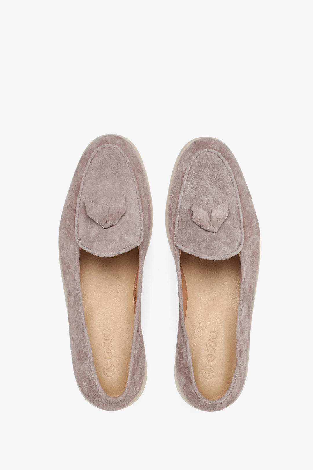 Women's beige  velour loafers by Estro - top view presentation of the model.