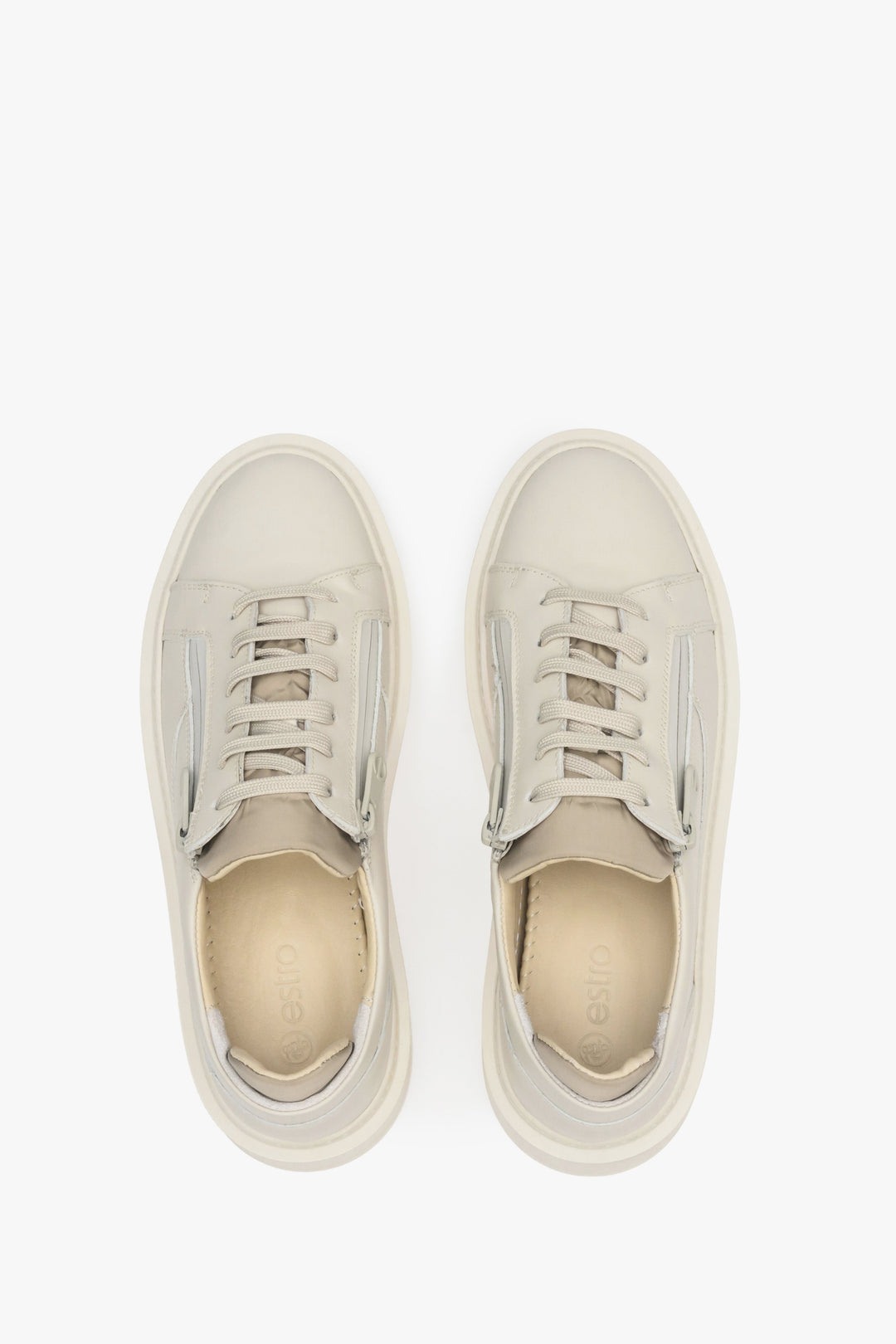 Women's leather spring sneakers by Estro with laces - top view presentation of the footwear.