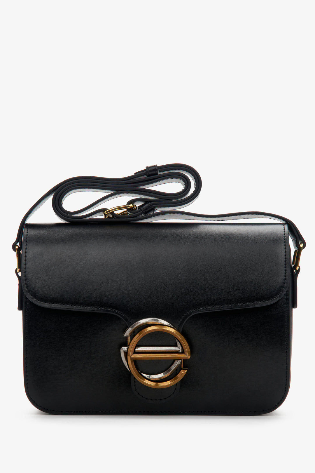Women's small black handbag with gold hardware made of leather by Estro.