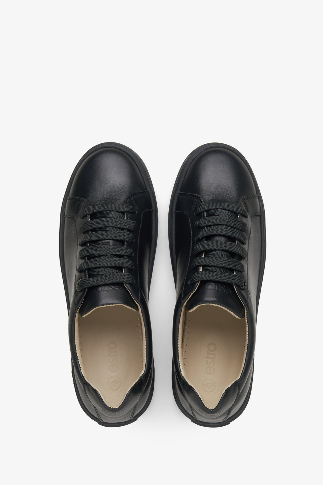 Estro women's black leather sneakers - top view presentation.