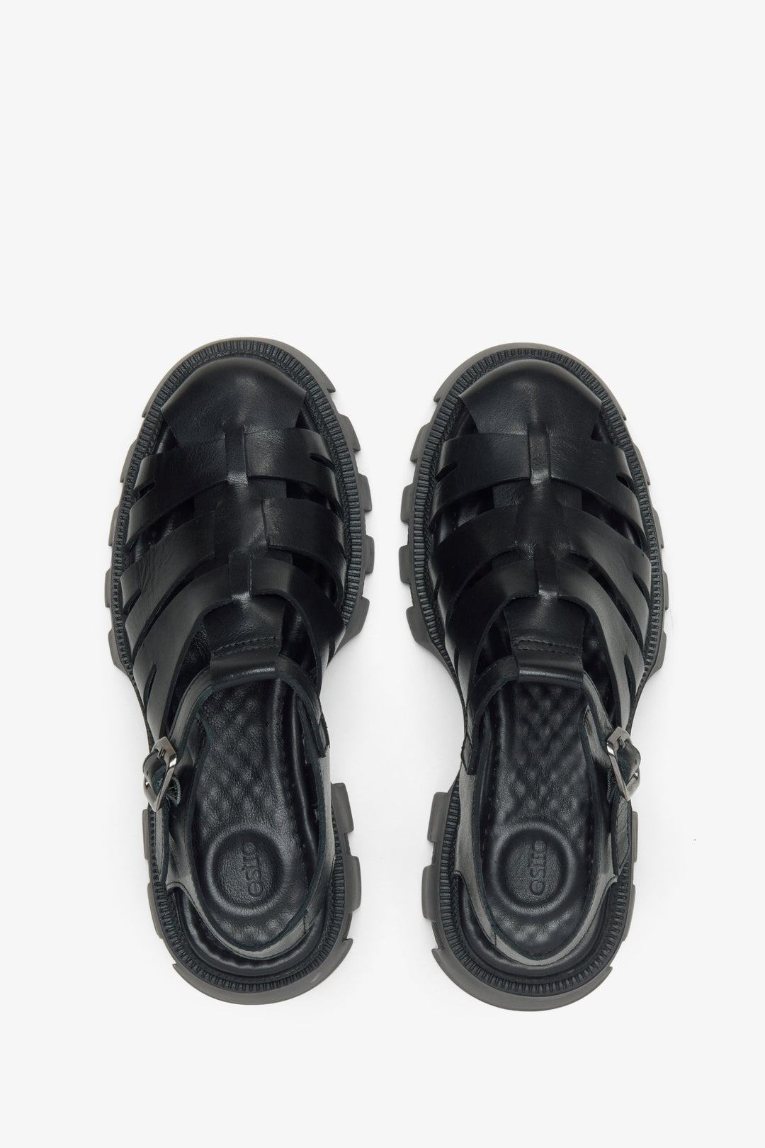 Women's black leather sandals by Estro - top view presentation of the model.