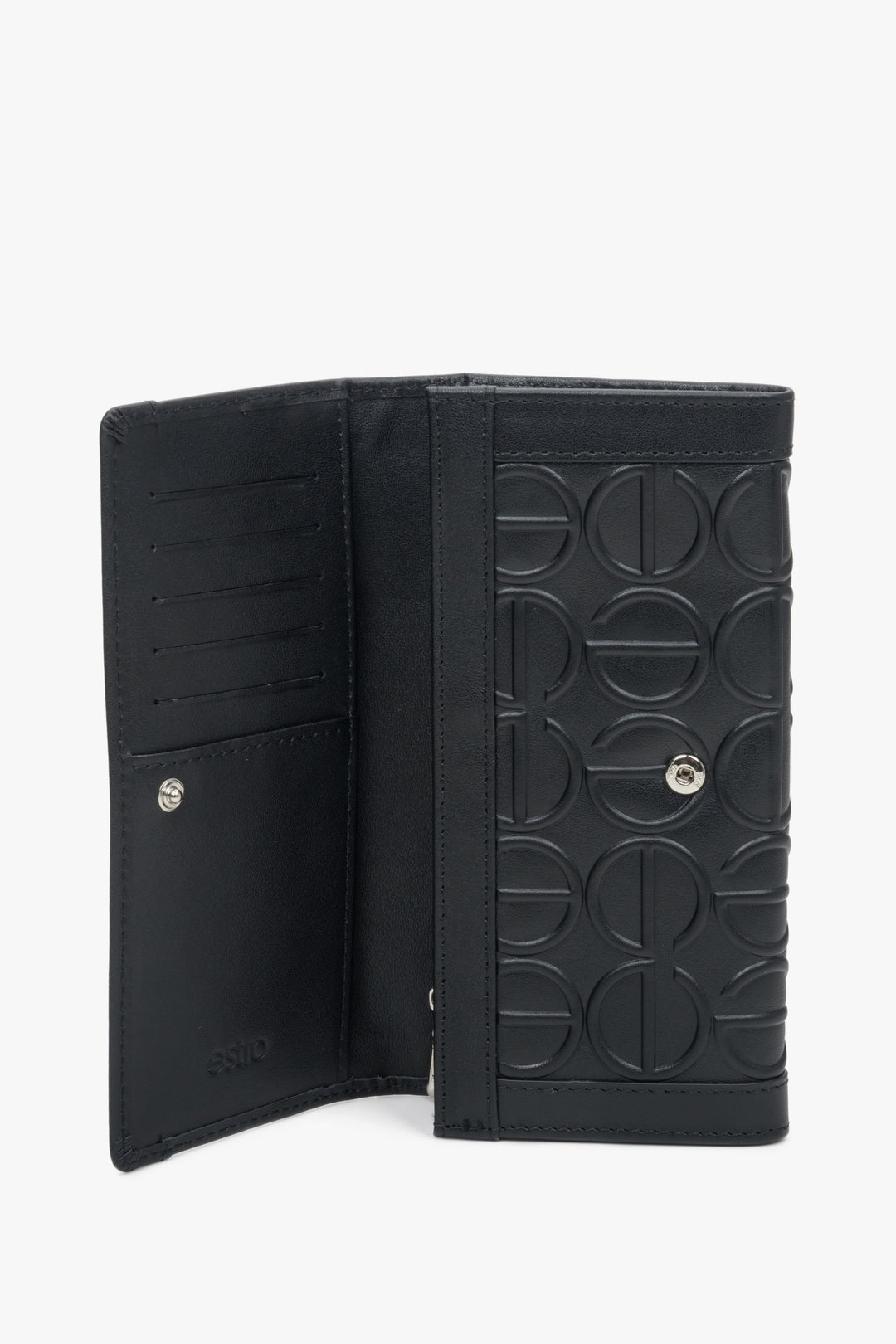 Women's black leather  Estro wallet - close-up on the interior.