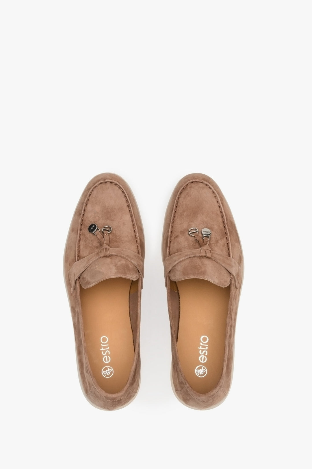 Brown women's loafers of Estro brand made of velour and leather - presentation of the footwear from above.