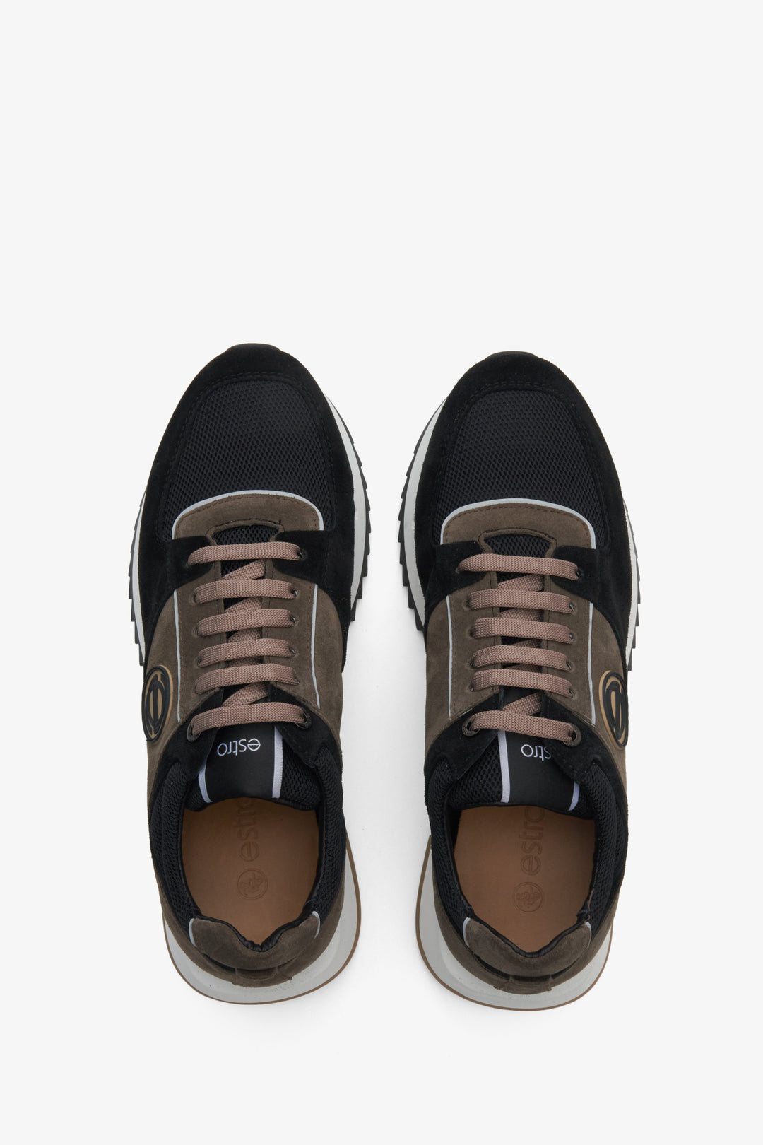 Men's black and brown sneakers made of velour - top view presentation of the footwear.