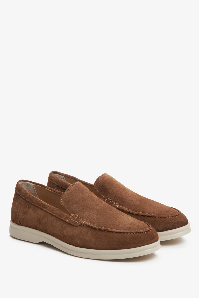 Elegant brown velour loafers for her - presentation of a shoe toe and sideline.